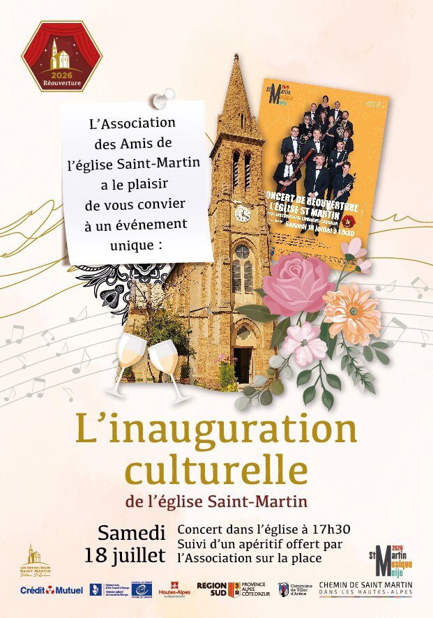 Affiche de l'inauguration culturelle de l'église Saint-Martin - Samedi 18 juillet 2026